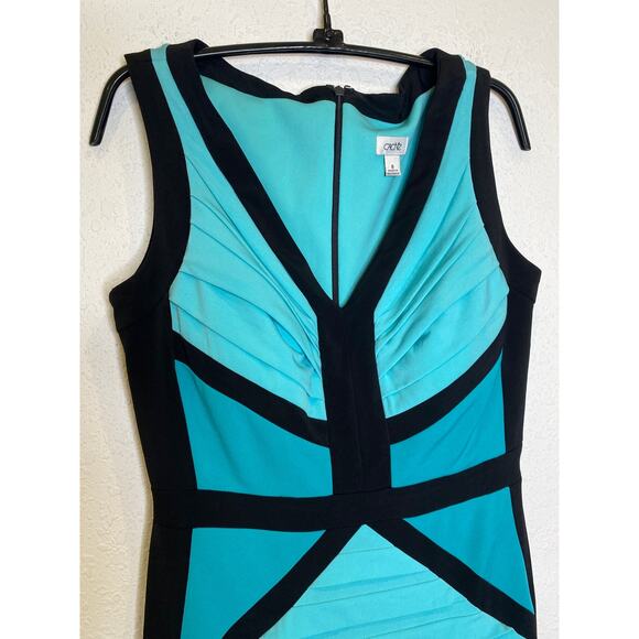 Cache Black Teal Sleeveless Bodycon Midi Dress Stretchy Colorblock Poly EUC Sz 8 - Picture 3 of 14